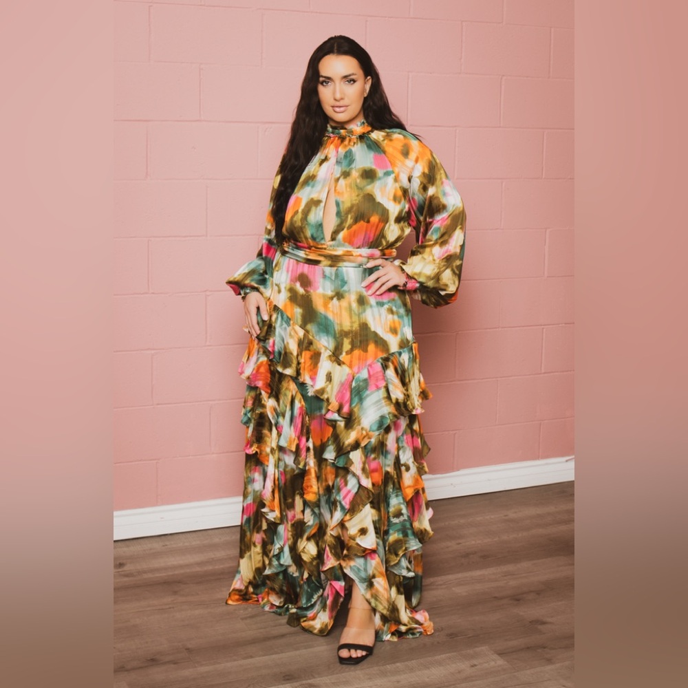 Green and Orange Ruffled Wrap Maxi Dress with Bishop Sleeves